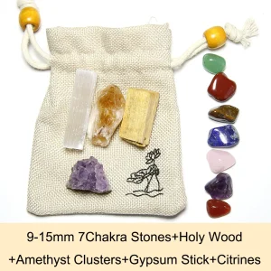 7 Chakra Balancing Healing Energy Kit Crystal Polished Stone Amethyst Clusters Gypsum Stick Citrines Holy Wood Gift Set With Bag